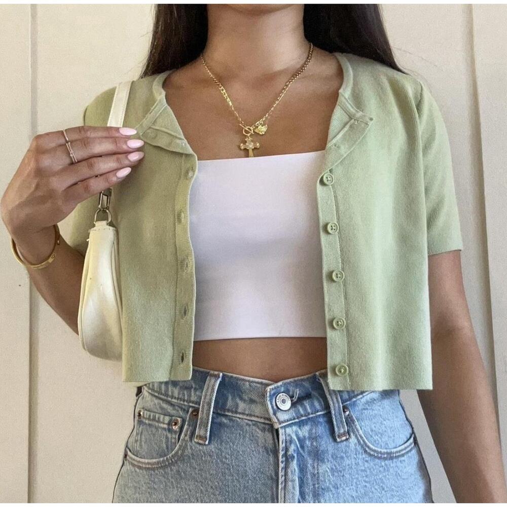 Kendall & Kylie White Button Up Y2K Preppy Blouse Green XS A004936